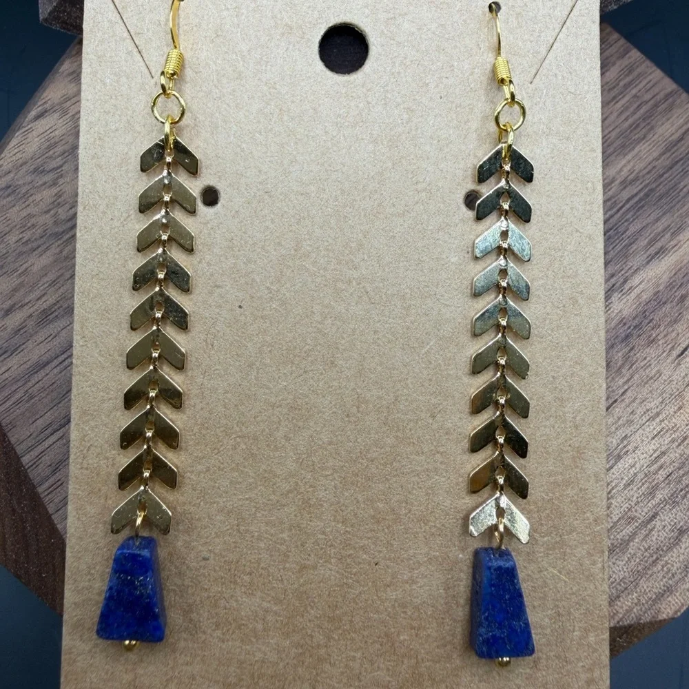 ✨ Handmade Gold-Tone Chain & Blue Stone Drop Earrings ✨